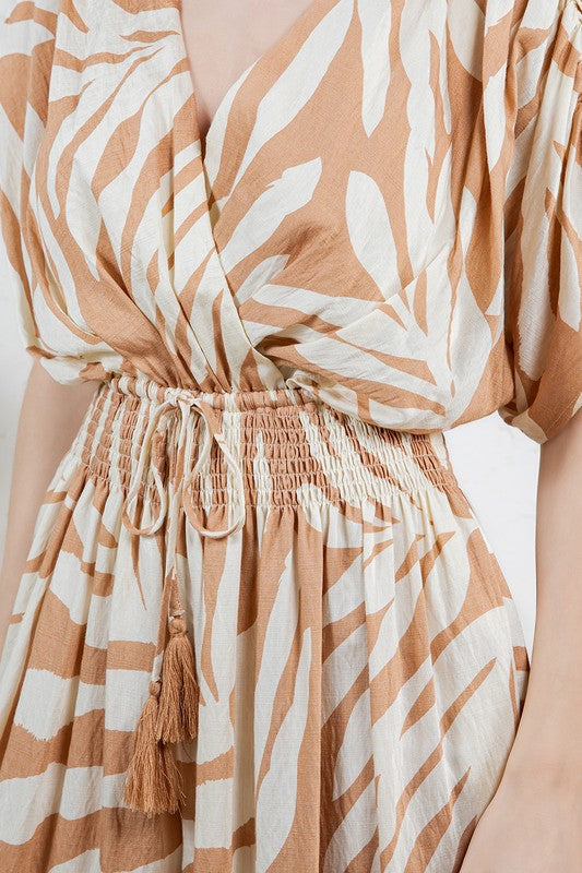 V-NECK SMOCKED TIE WAIST JUMPSUIT