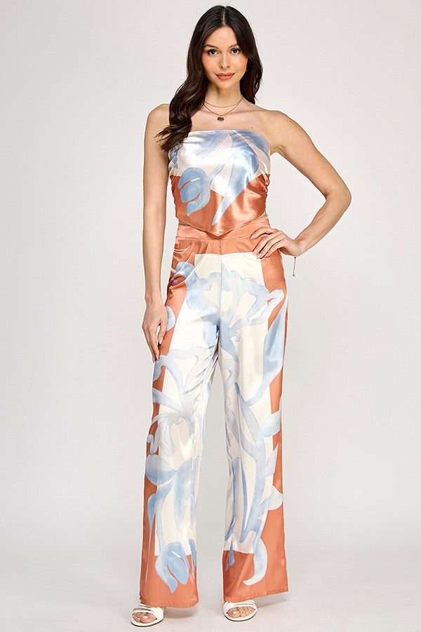 Satin Strapless Asymmetrical Hem Top With Pants Set