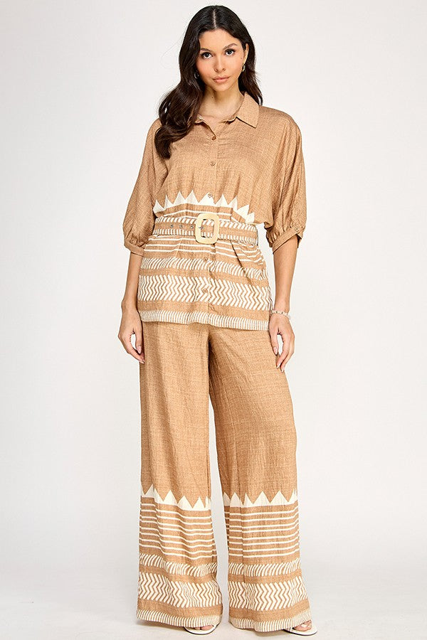 Border Printed Button Down Top and Wide Leg Pants Set