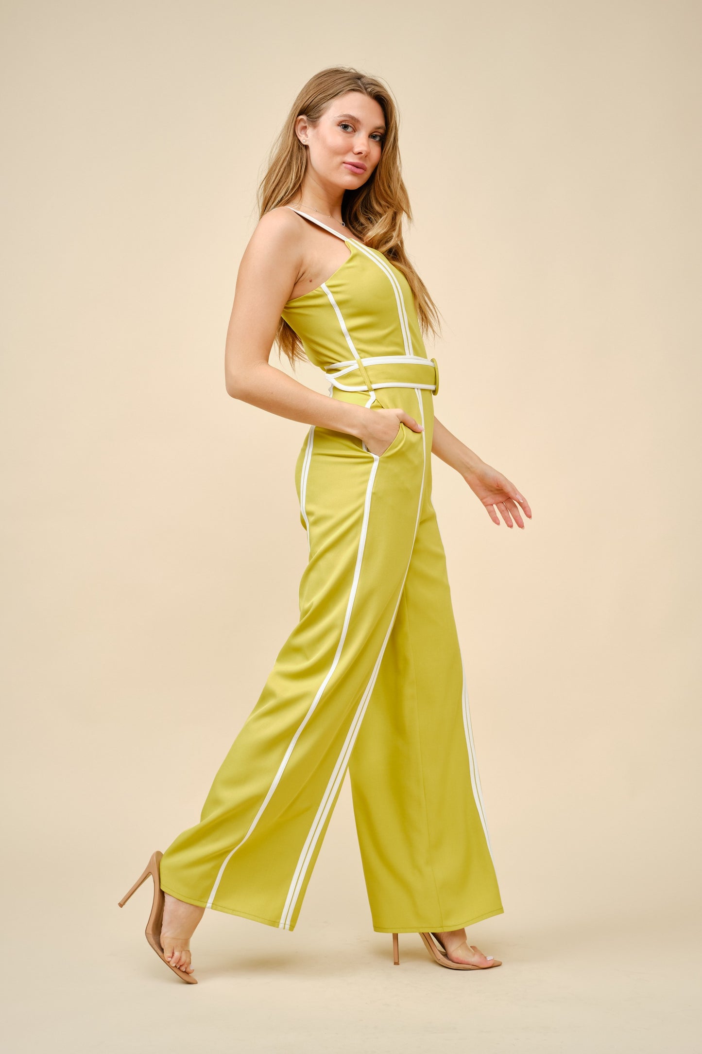 Contrast Color Belted Wide Leg Jumpsuit