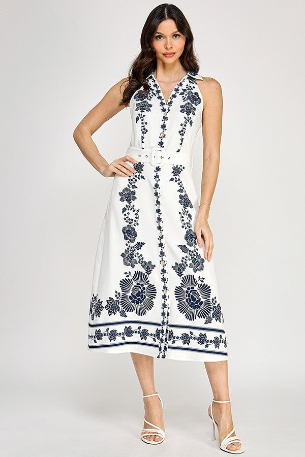 Printed Button Down Halter Dress