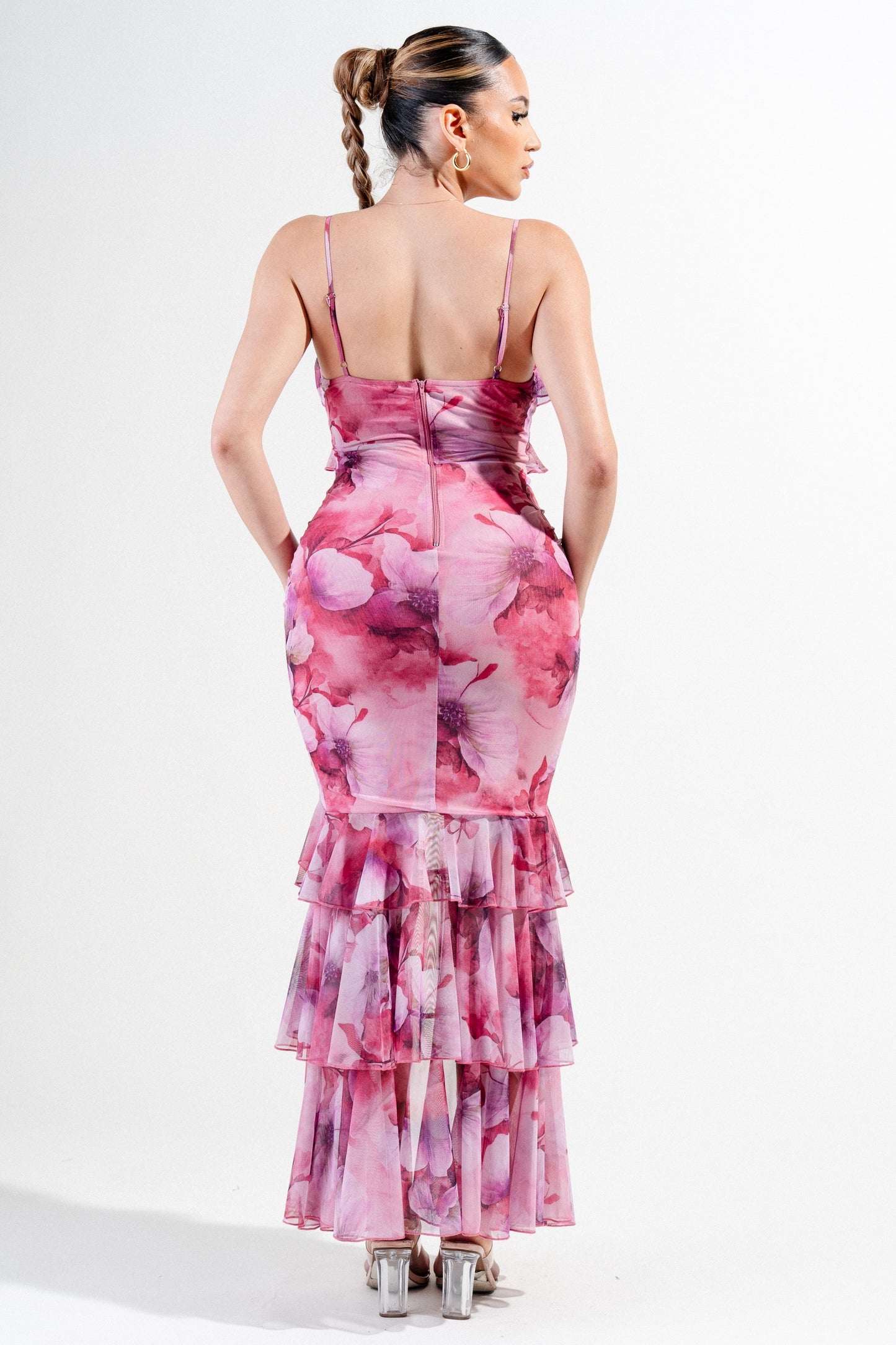 Mesh Print Ruffle Detail V-line Cami Maxi Dress