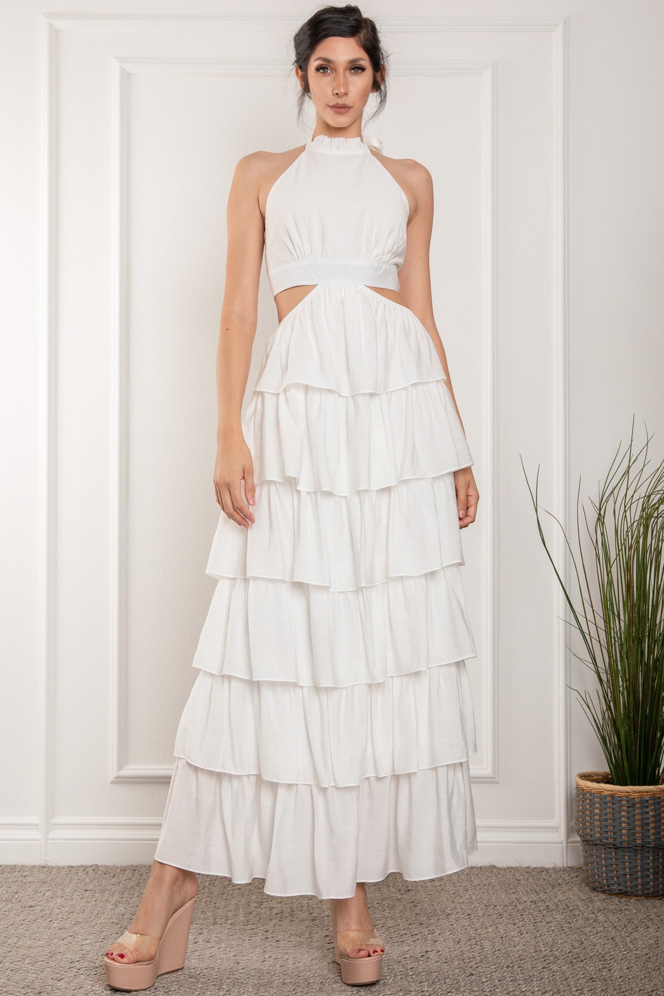 lace halter wedding dress A-Line Halter Sleeveless Chiffon Long Beach Wedding Dress with Lace Custom Size / Custom Color main image 0