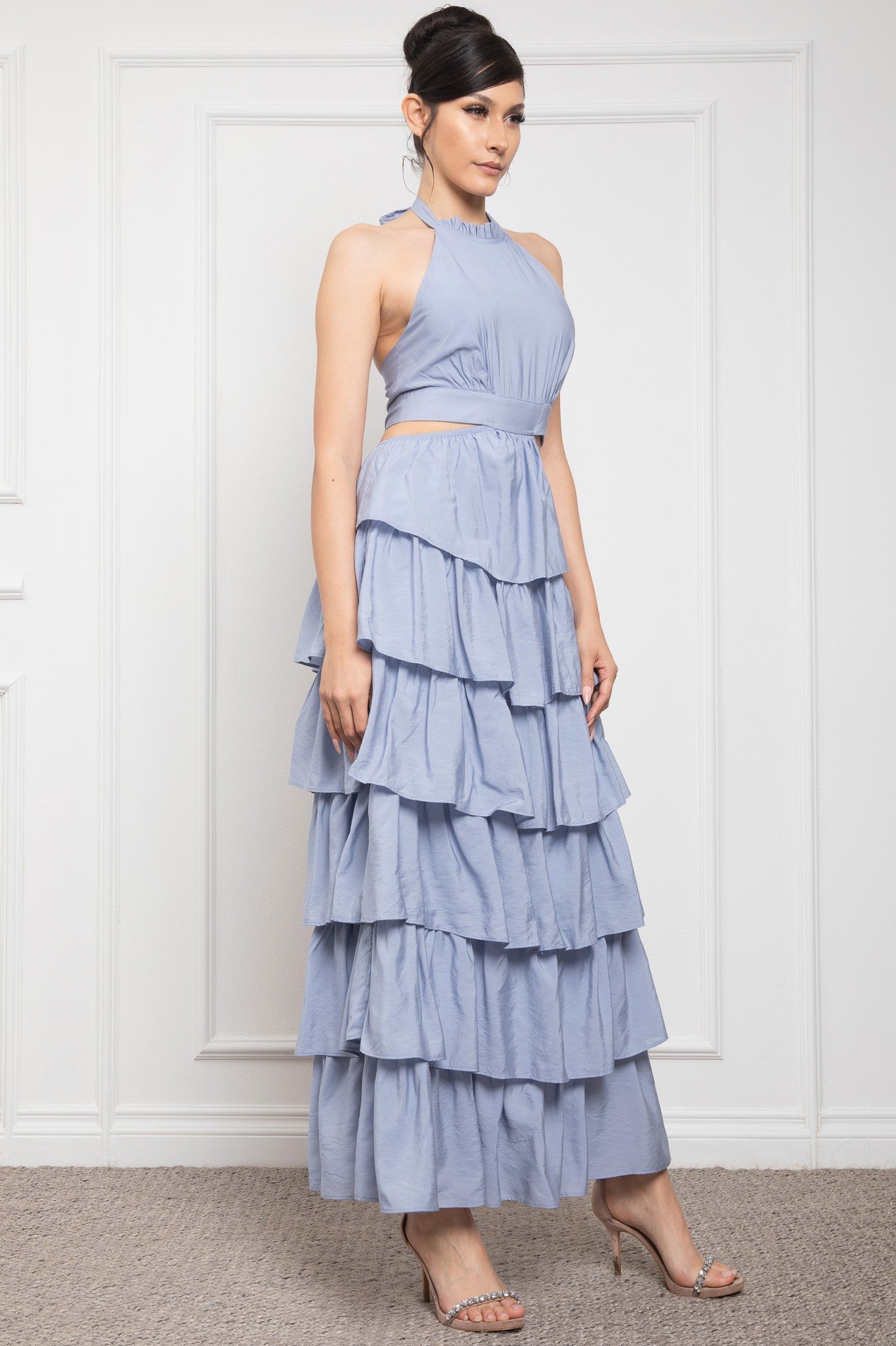 Halter Neck Sleeveless Tiered Ruffle Long Dress