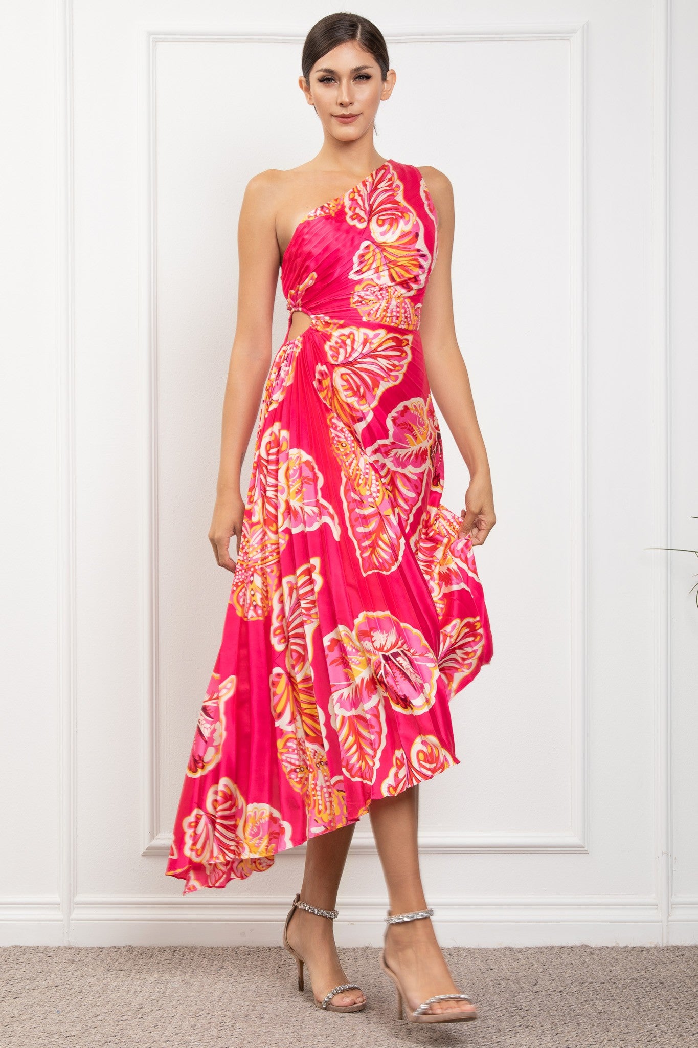 Off Shoulder Sle.less Pleated Diagonal Midi Dress