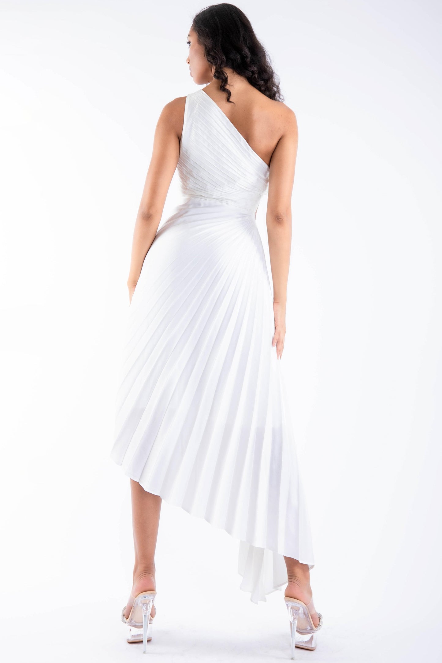 SOLID RUCHED PLEATED ONE SHOULDER HI LOW DRESS