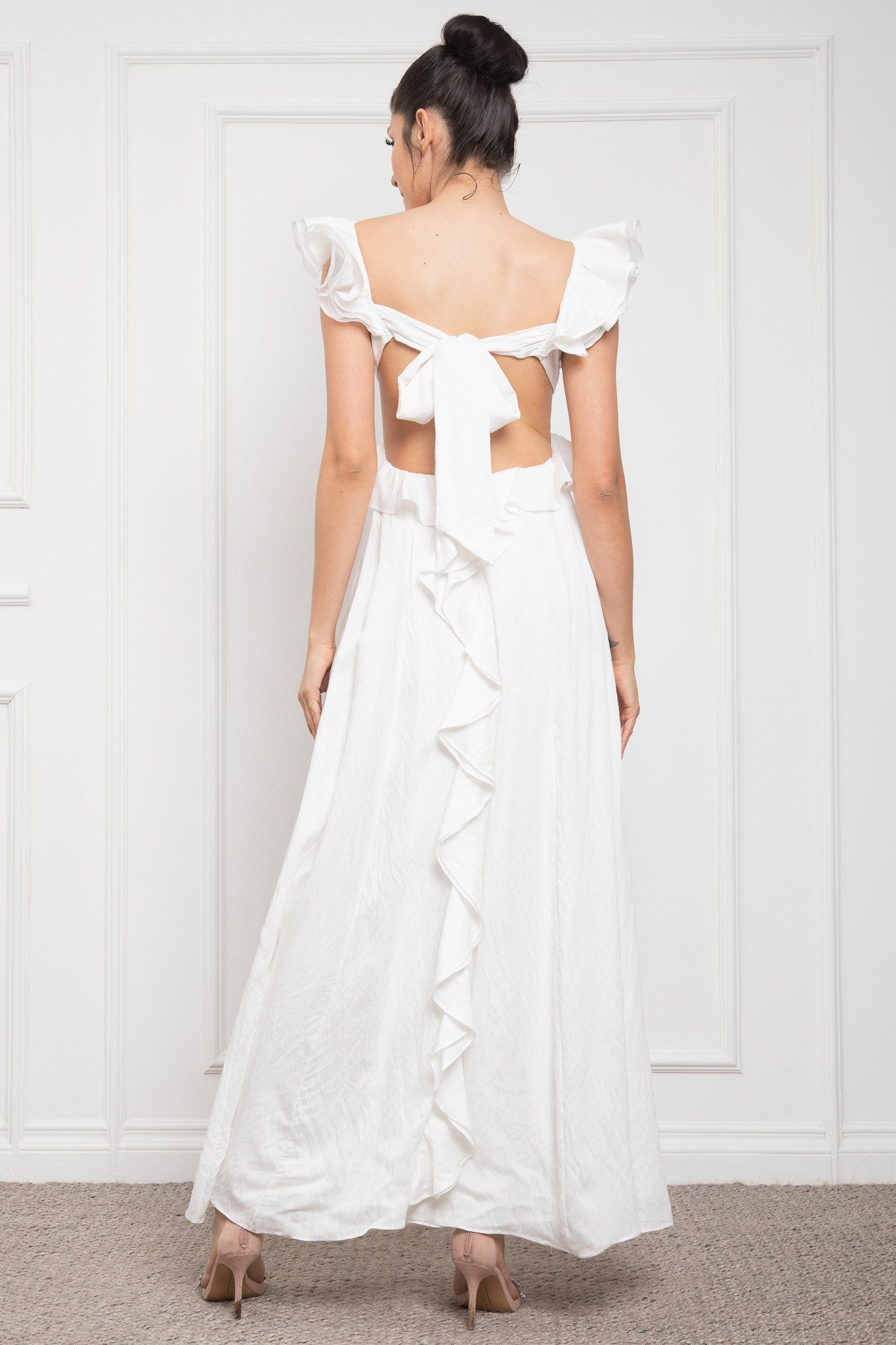 Ruffled Sleeve Open Back With Big Bow Dress