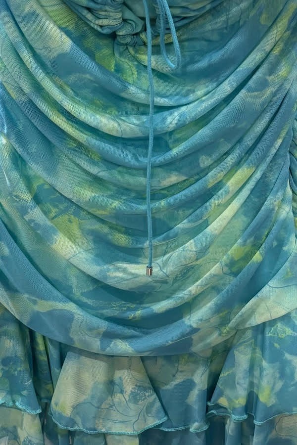 Abstract Printed Tube Ruffle Mini Dress