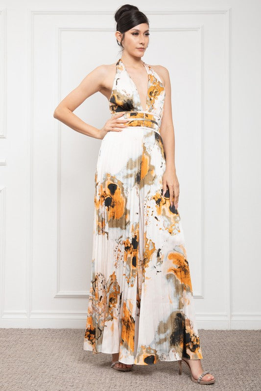 Halter Neck Sleeveless Pleats Bottom Jumpsuit