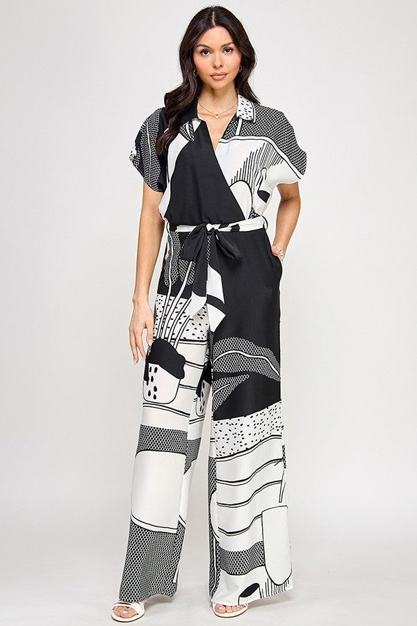 Printed Short Sleeve Jumpsuit with Tie Belt