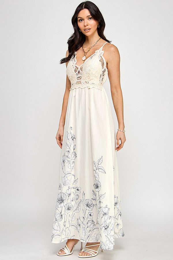 Crochet Detail Printed Maxi Dress