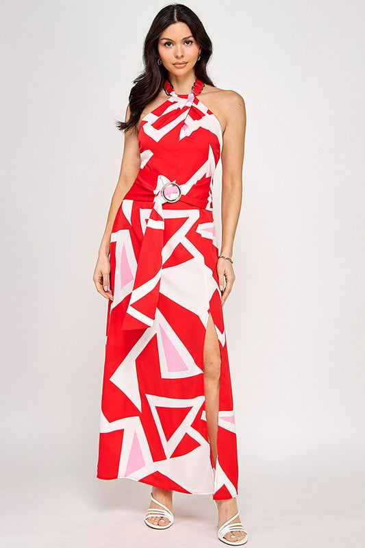 Printed Chain Halter Neck Slit Maxi Dress