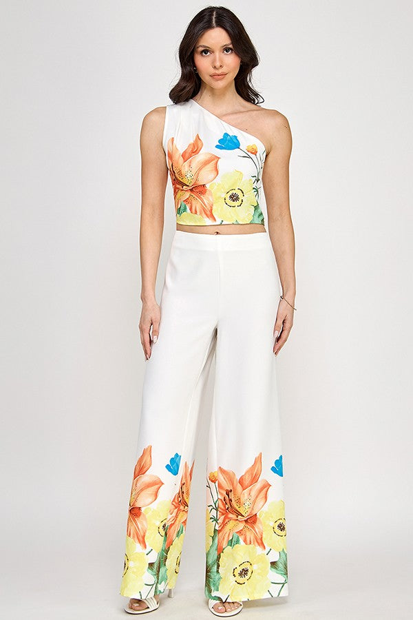Printed One Shoulder Crop Top With Pants Set