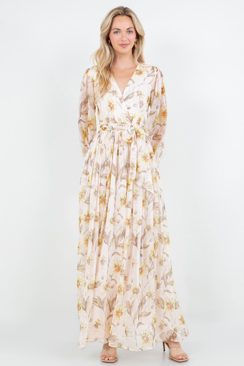 Silky Crinkle Chiffon Long Sleeve Maxi Dress