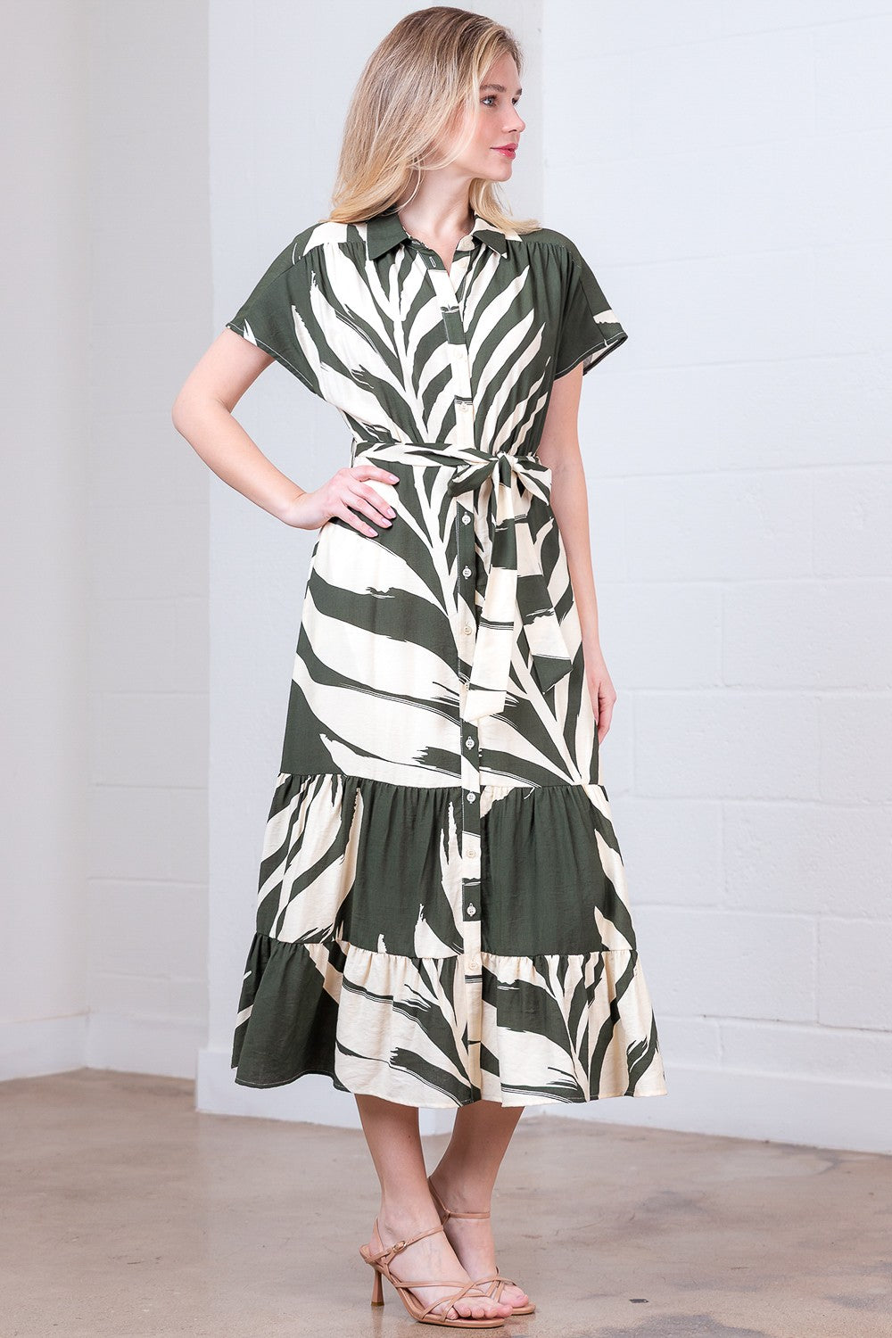 Printed Short Slvs Button Down Shirt Dress W/ Belt