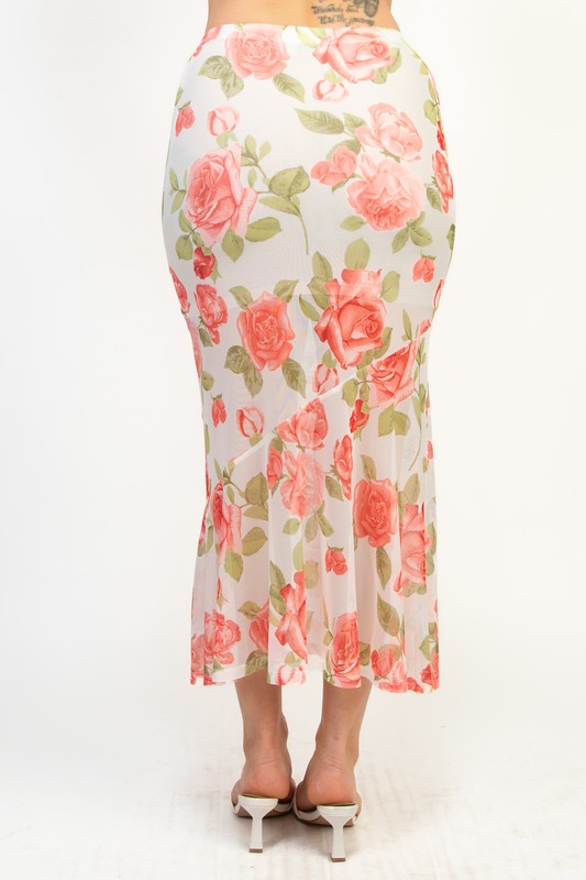 Floral Mesh Ruffled Hem Top And Skirt Set