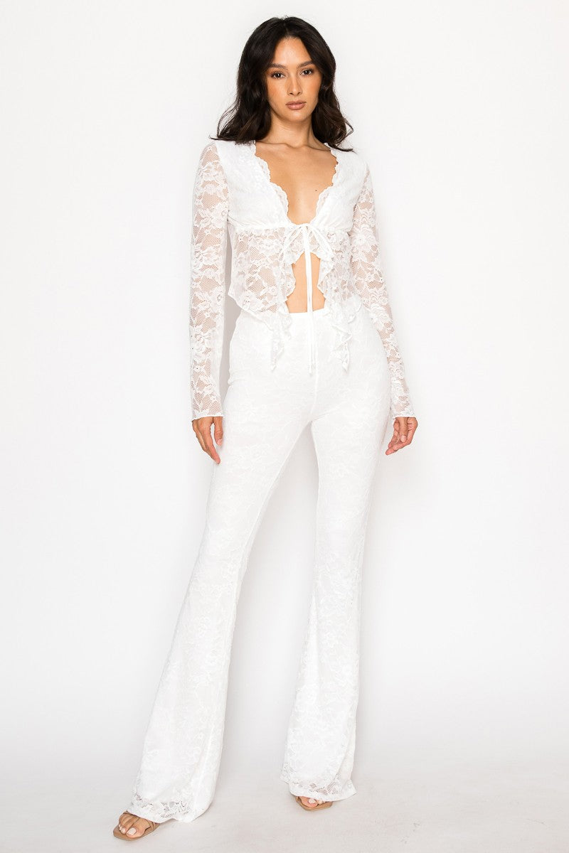 Lace Front Tie Crop Top And Pants Set