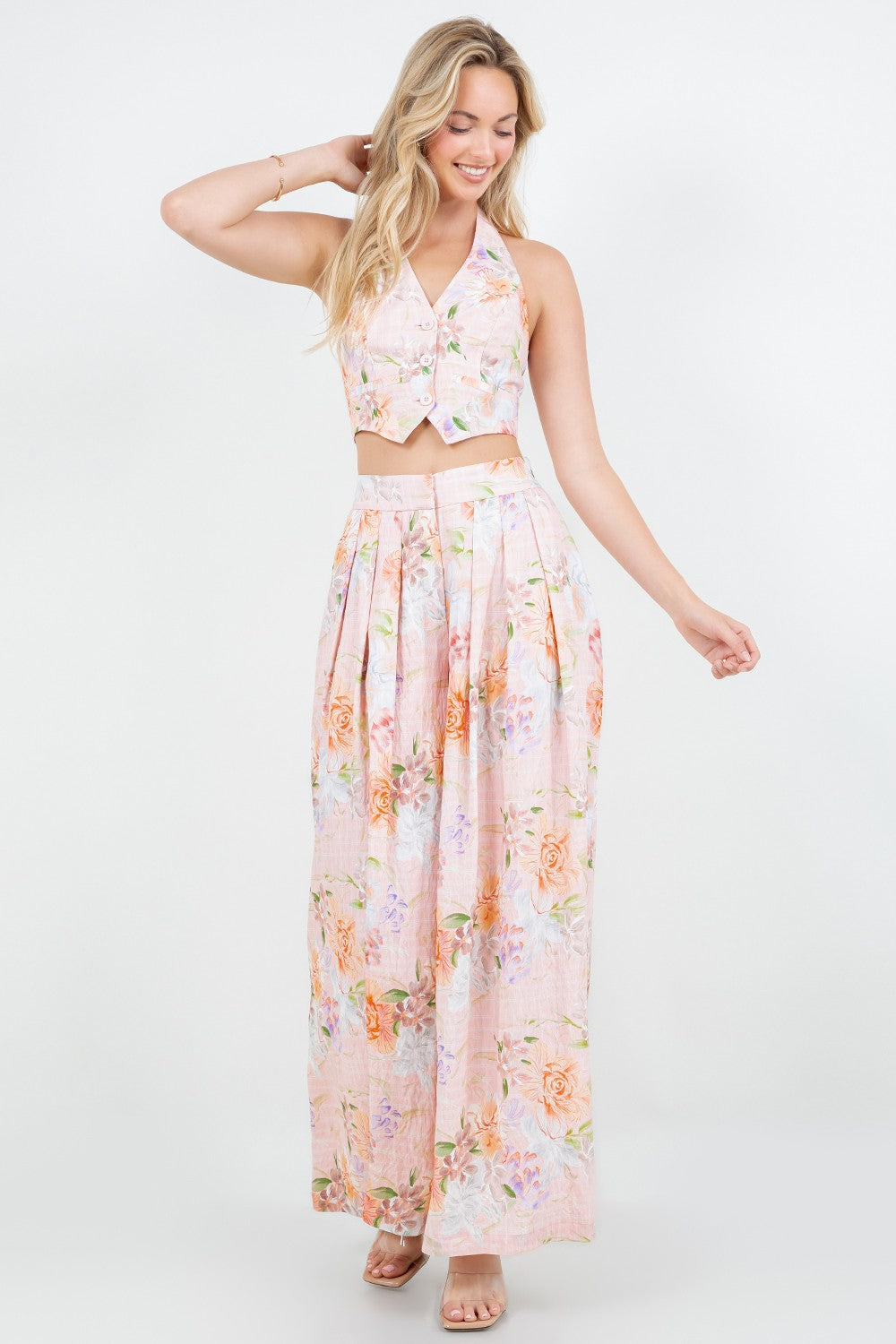 Floral Halter Cropped Vest And Wide Leg Pants Set