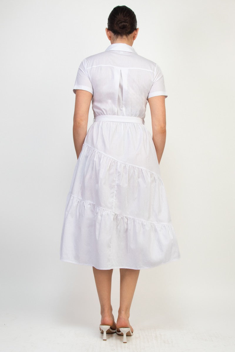 Belted Long Shirt Tiered Midi Dress