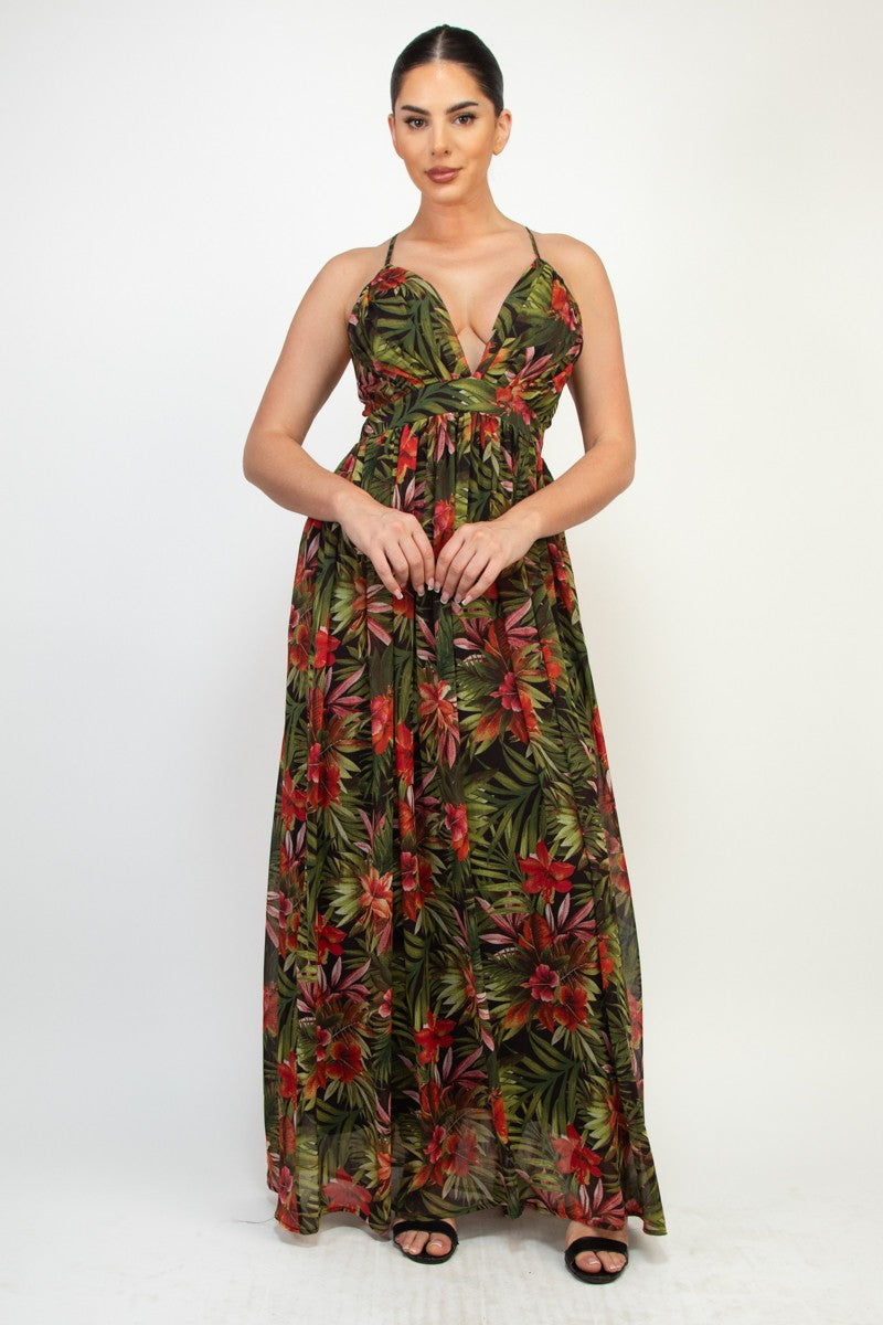 Tropical Printed Crisscross Plunging Dress