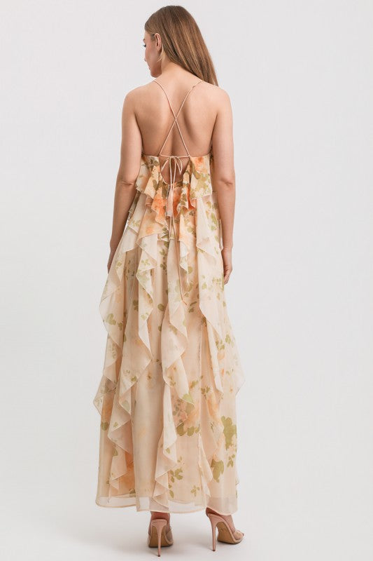FLOWER PRINT SPAGHETTI STRAP OPEN BACK RUFFLE MAXI DRESS