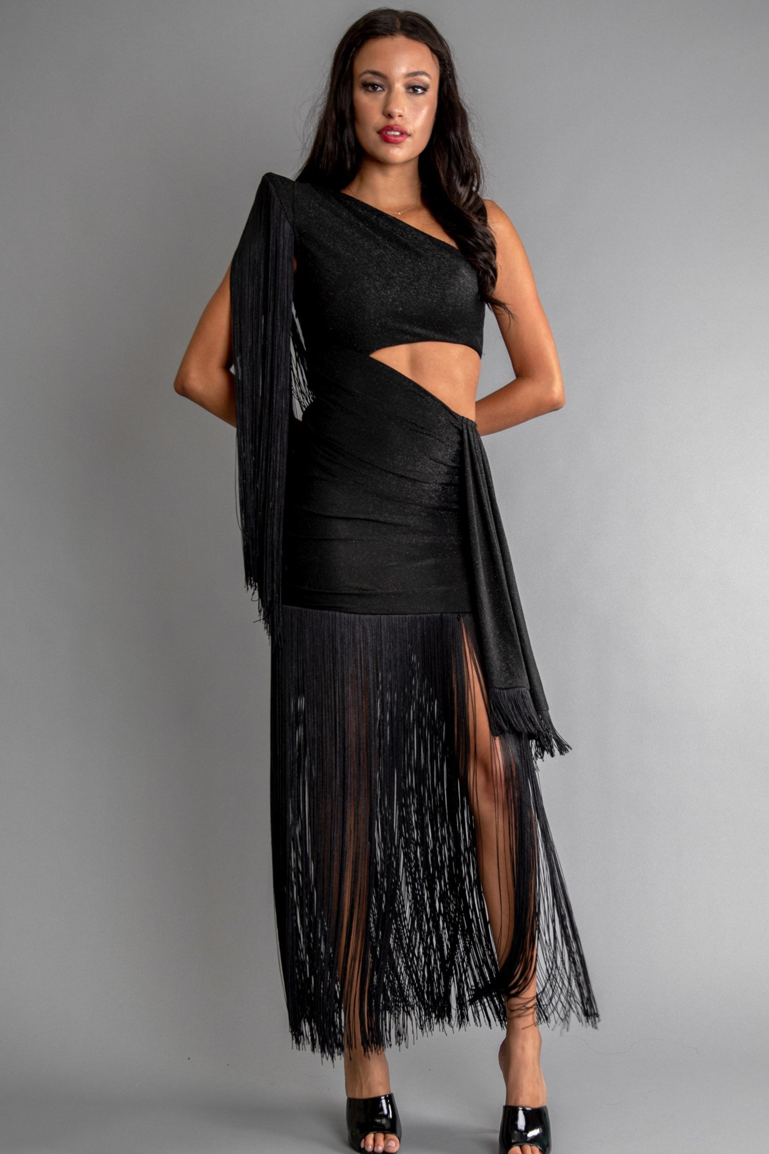 GLITTER KNIT ONE SHOULDER CUT OUT FRINGE DRESS Bella Chica GLITTER KNIT ONE SHOULDER CUT OUT FRINGE DRESS Bella Chica