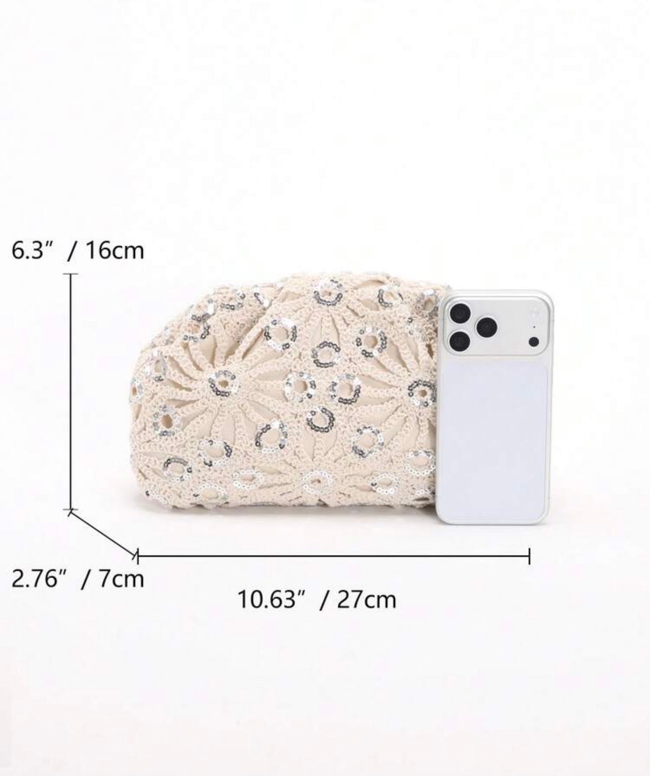 PVC SEQUINS PLEATED CLOUD MESH EMBROIDERED CLUTCH BAG