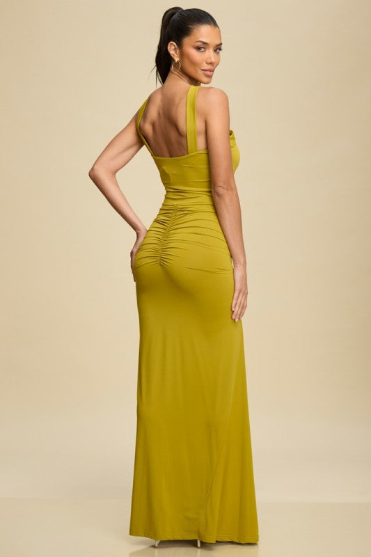 MOCK NECK DRAPÈ GOLD TRIM DRESS