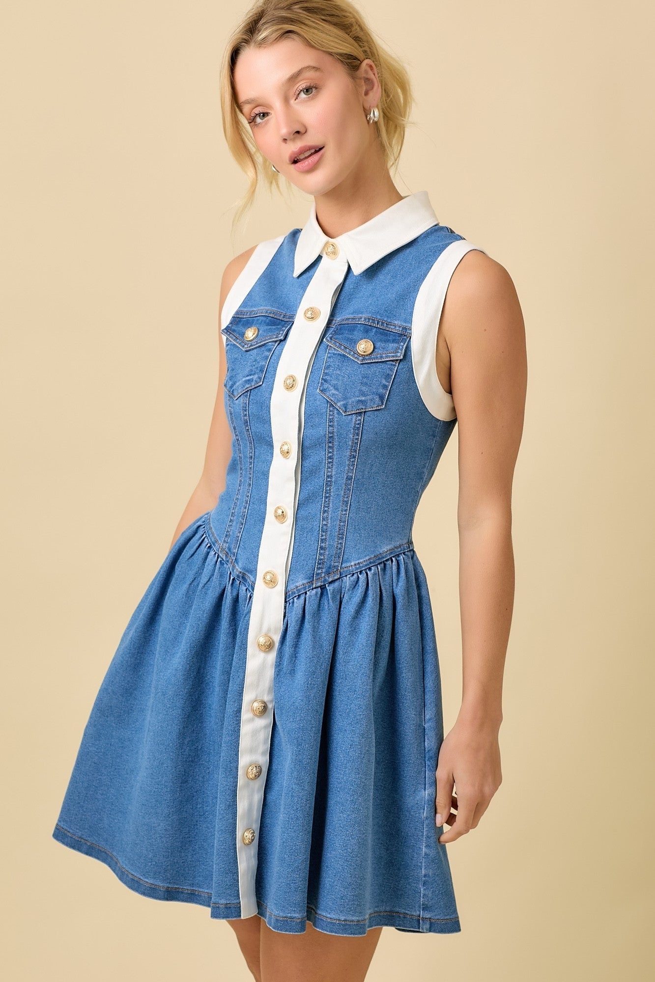 COLLAR BUTTON DOWN SUMMER DENIM MINI DRESS