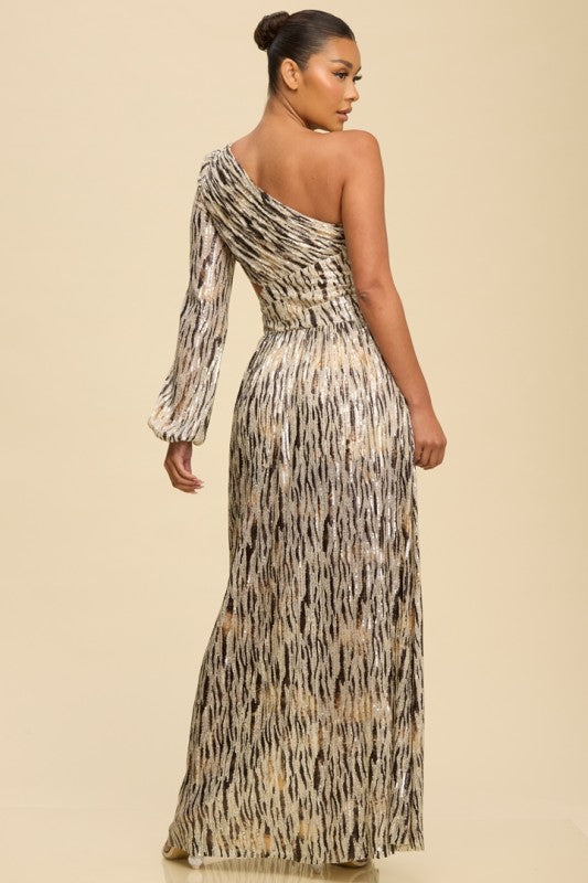 ONE SHOULDER SEQUIN MESH MAXI PARTY DRESS