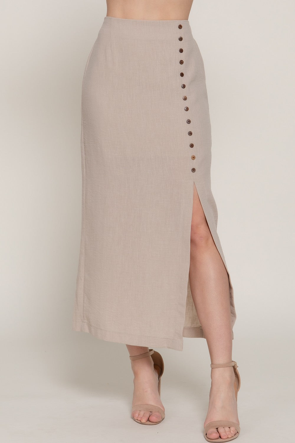 FRONT SLIT LINEN EFFECT MIDI SKIRT