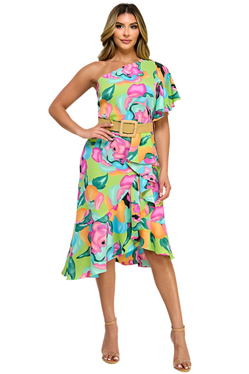 PRINTED ONE SHOULD MERMAID DRESS WITH ASYMMETRICAL HEM