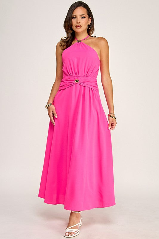 HALTER NECK MAXI DRESS WITH GOLD METAL TRIMS