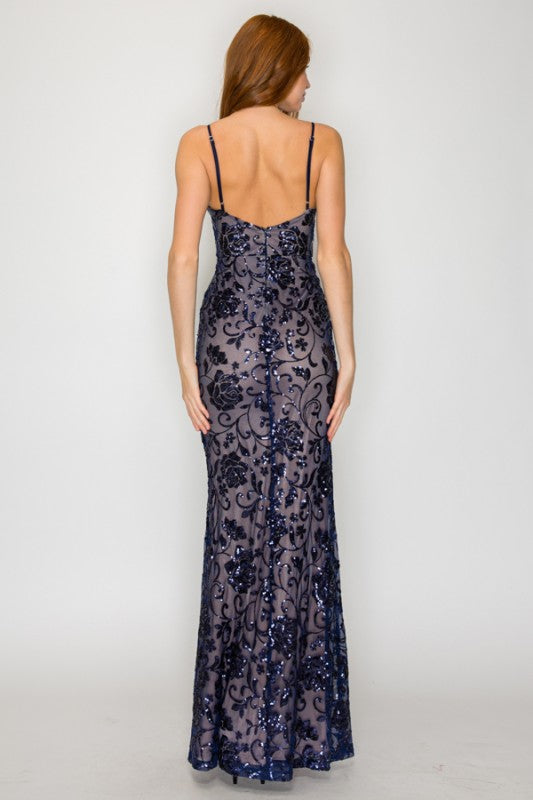 FLORAL SEQUIN CORSET MAXI COCKTAIL DRESS