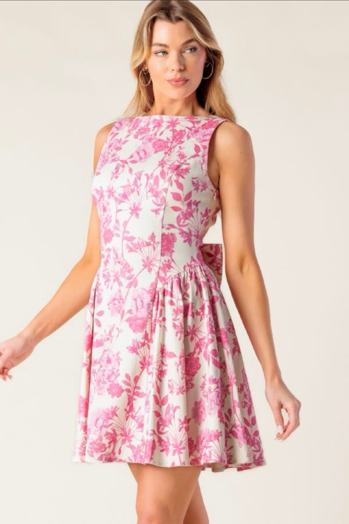 PRINTED WOVEN MINI DRESS WITH BACK BOW