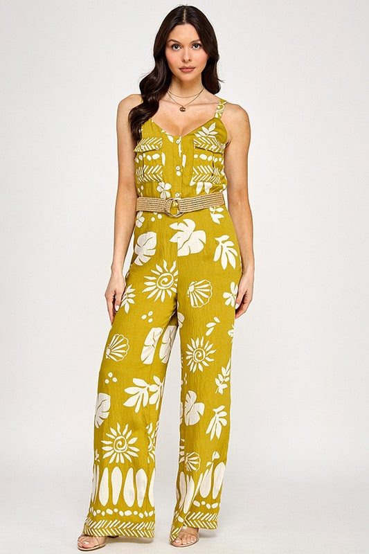 BORDER PRINTED SLEEVELESS JUMPSUIT WITH POCKET