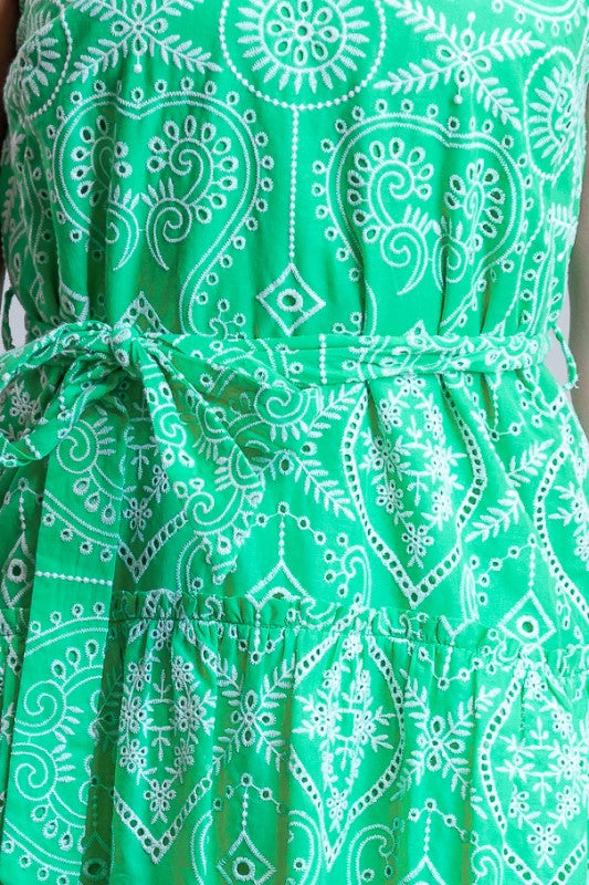 BELTED EMBROIDERED MIDI DRESS