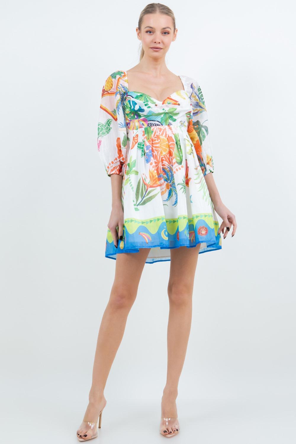 TROPICAL PRINT SWEETHEART TIE BACK MINI DRESS