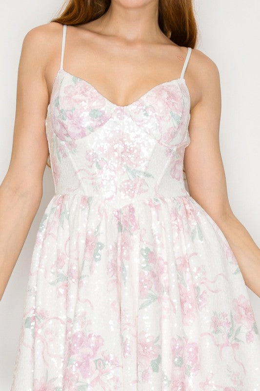 Floral Sequin Corset Flare Mini Party Dress