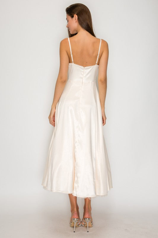 EVENING SATIN TULL MIDI DRESS