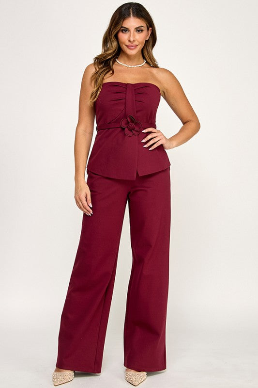 TUBE TOP WITH ROSE BELT AND PANTS SET