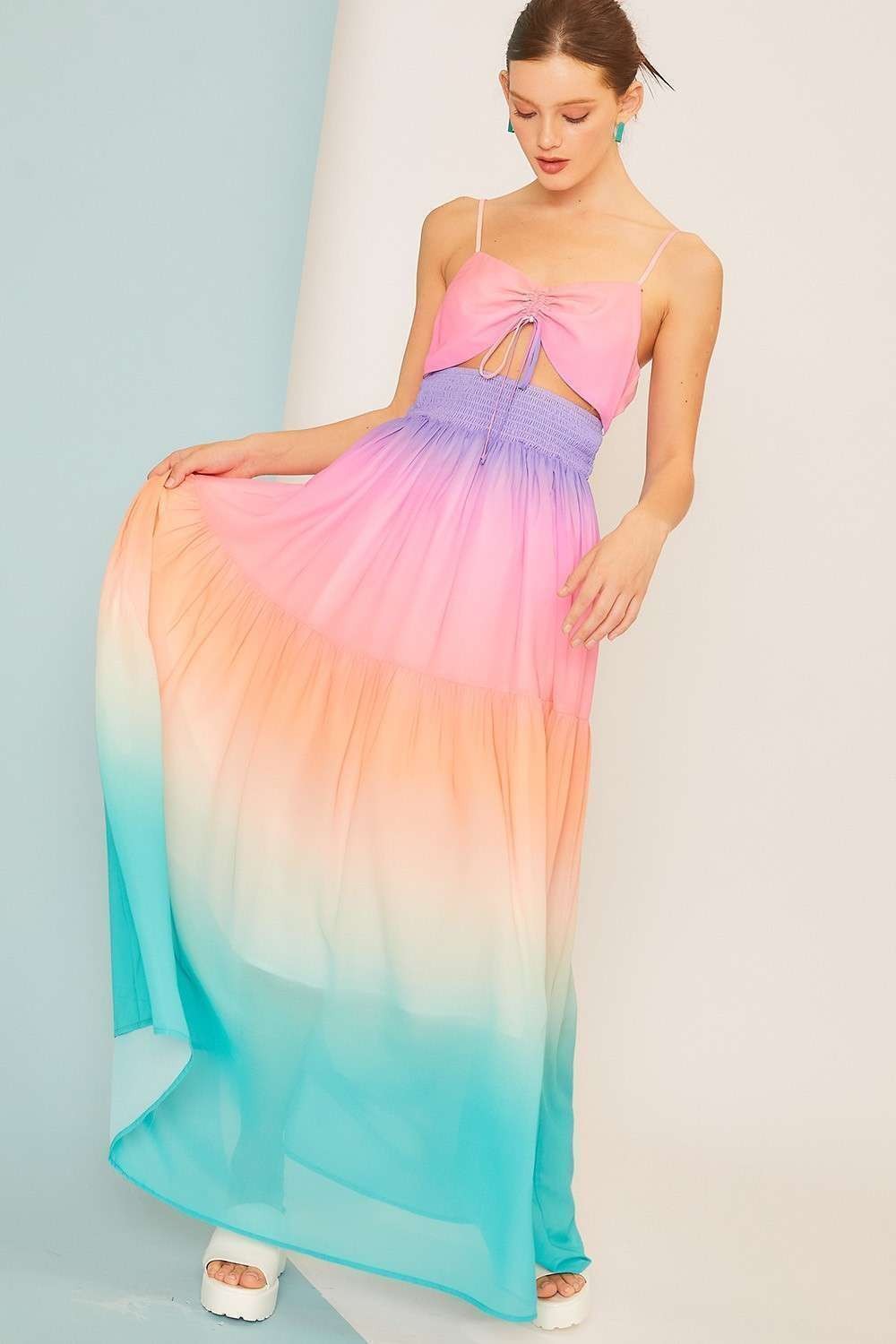 Tie Waist Smoking Ombre Print Summer Maxi Dress