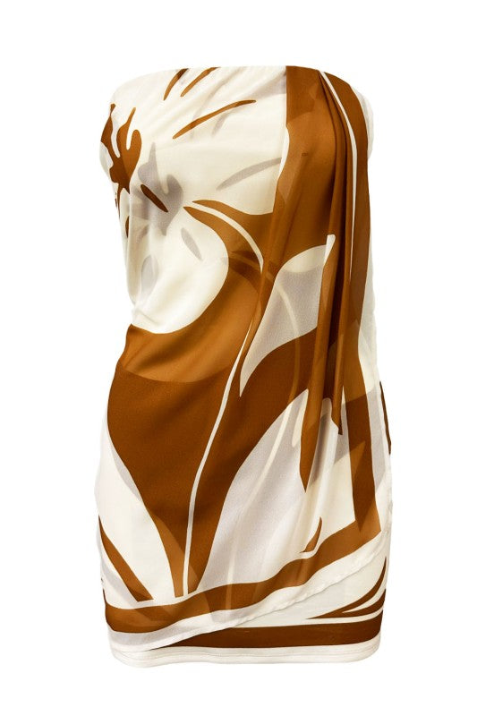 SCARF DETAI STRAPLESS BODYCON PRINTED MINI DRESS