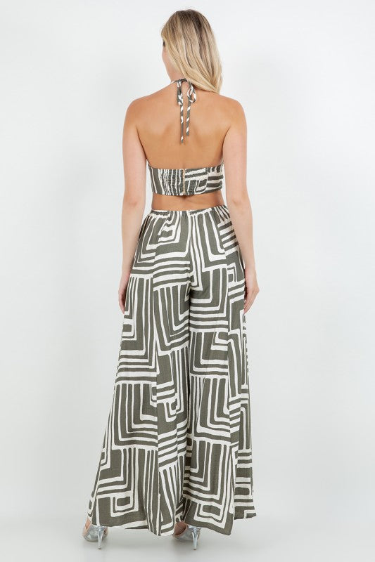 PRINTED HALTER NECK W OPEN BACK CUT OUT JUNPSUIT