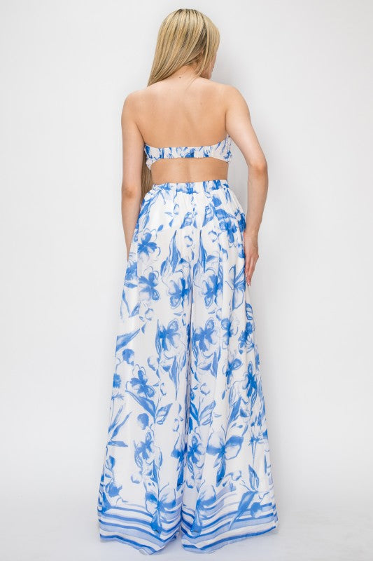 STRAPLESS FLORAL PRINTED WIDE LEG JUMPSUIT