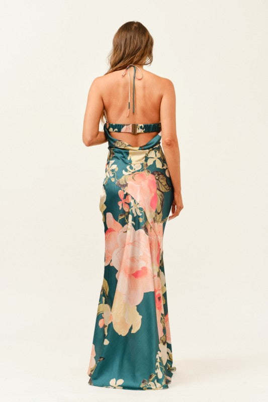FLORAL SATIN HALTER MAXI DRESS