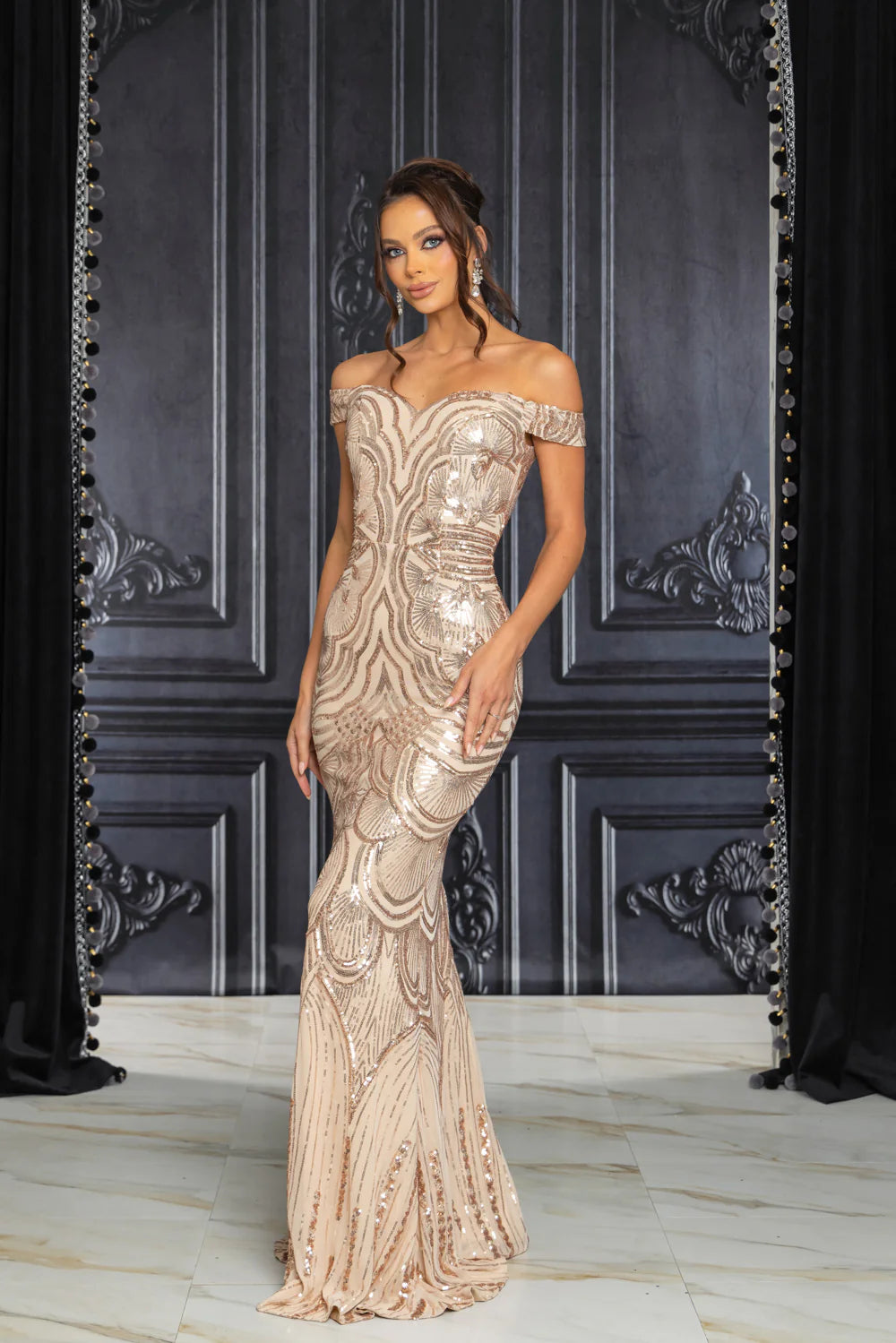 OFF SHOULDER SEQUINED MAXI COCKTAIL DRESS