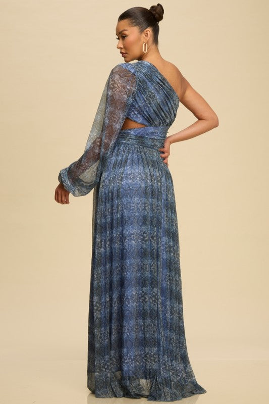 METALLIC ONE SHOULDER MAXI PARTY DRESS