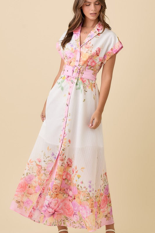FLORAL LAPEL COLLAR BUTTON DOWN SUMMER MAXI DRESS