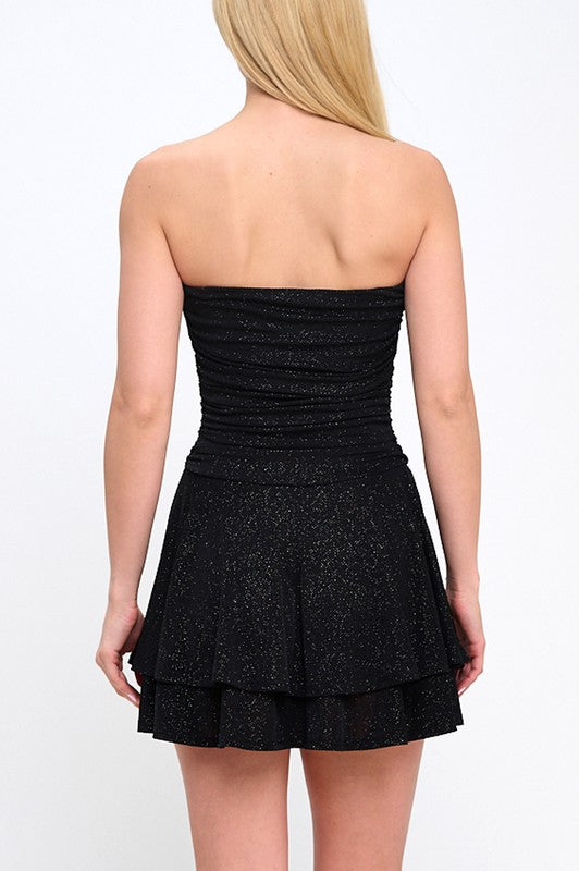 GLITTER RUCHED DOUBLE LAYERED SKIRT MINI PARTY DRESS